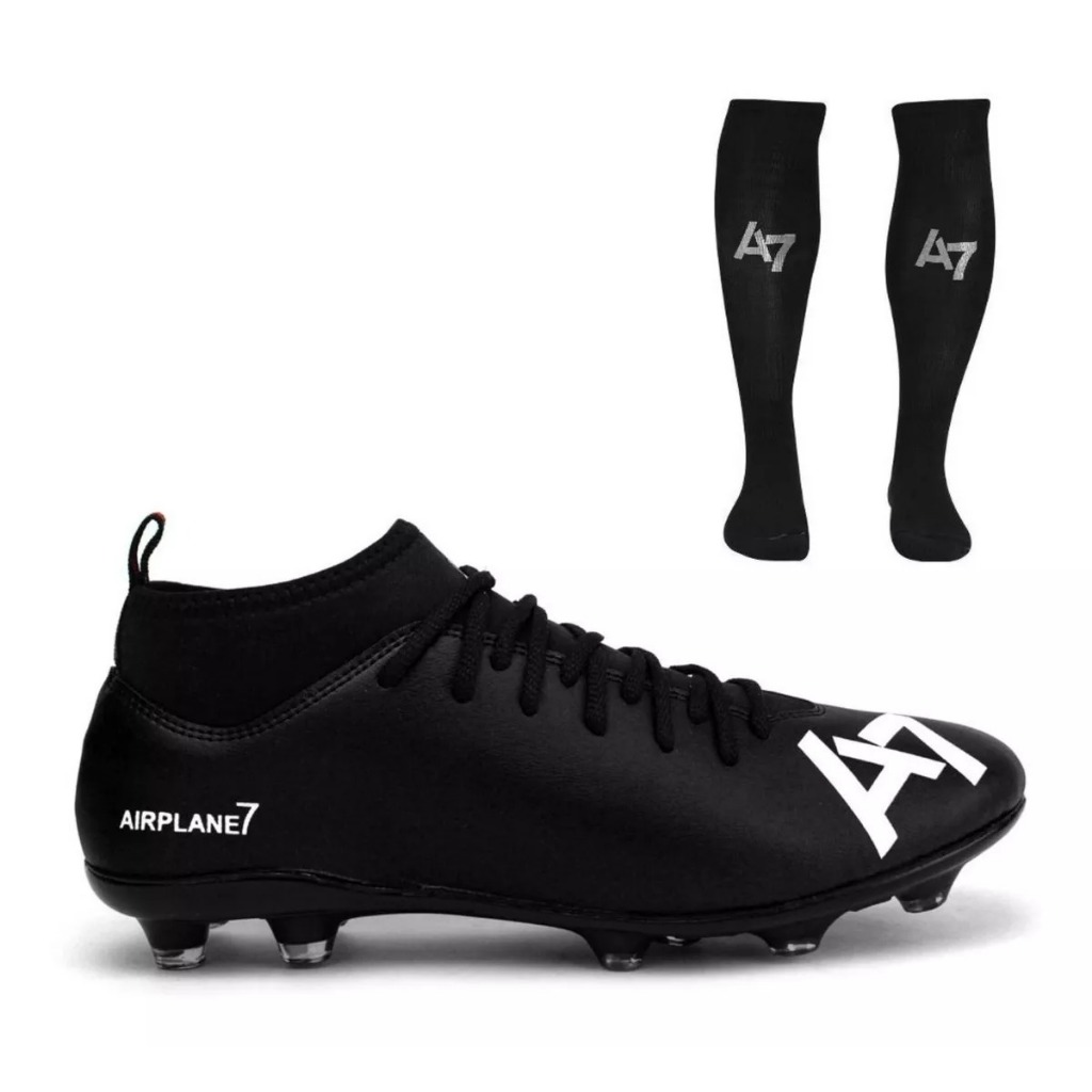 Chuteira Botinha De Campo A7 Com Trava Profissional + Meião Preto De Futebol