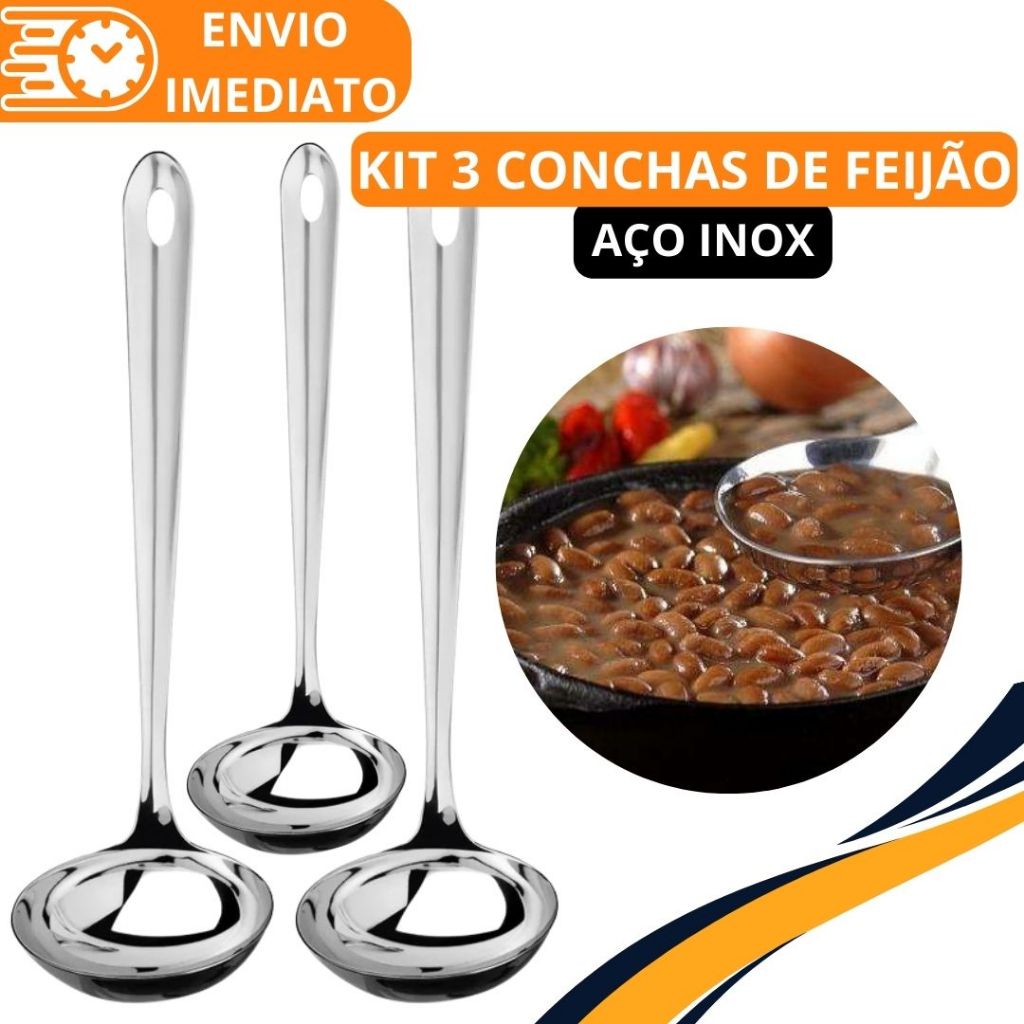 KIT 3 Concha de Feijão Aço Inox GRANDE Super Resistente para Servir Molho Feijão Sopa Caldo para Casa Restaurante Buffet