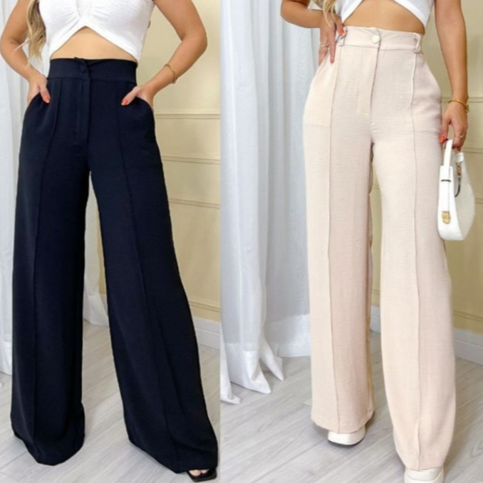 Calça Feminina Pantalona Wide Leg Duna com BOTAO Cintura Alta em Oferta na Shopee