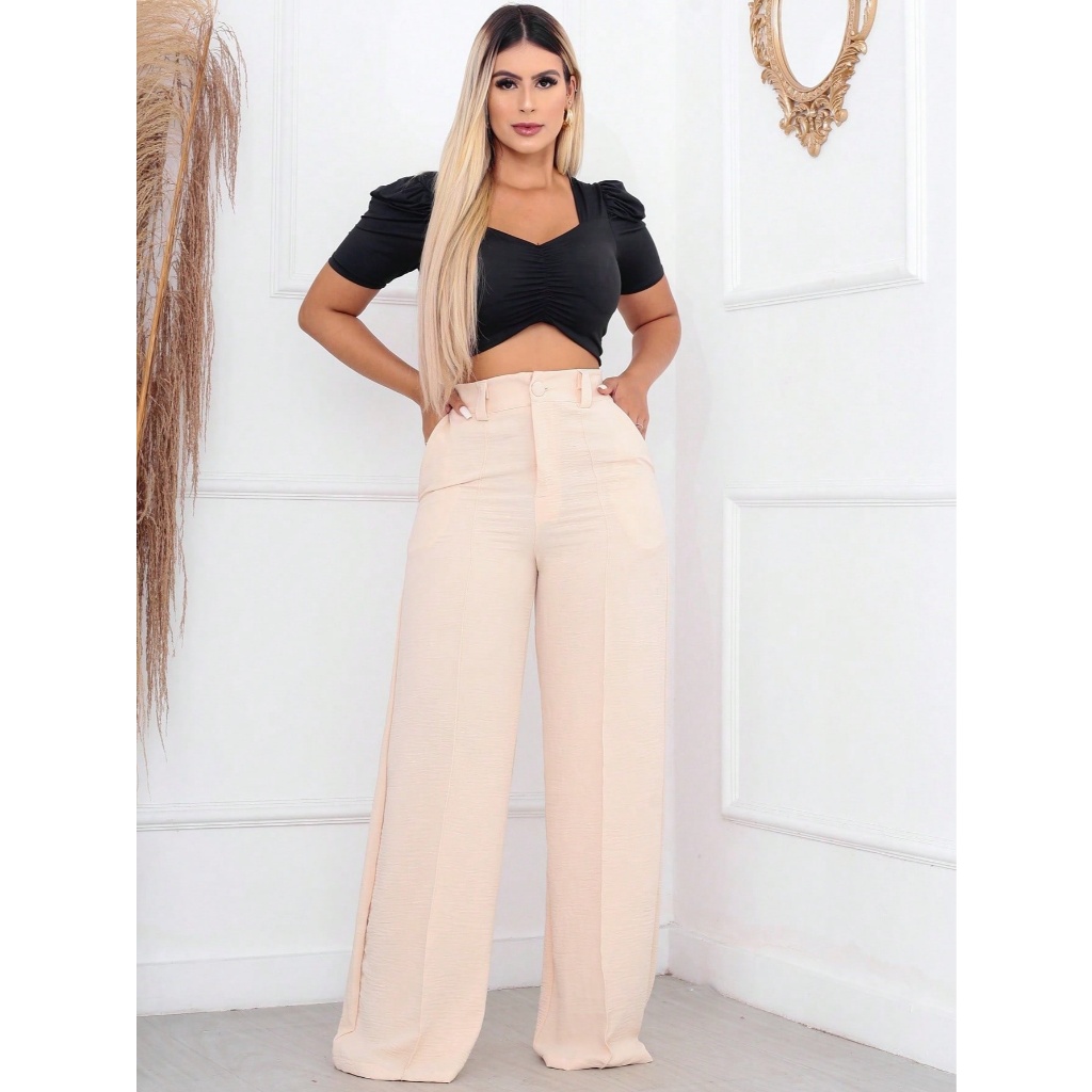 Calça Feminina Pantalona Wide Leg Duna com BOTAO Cintura Alta