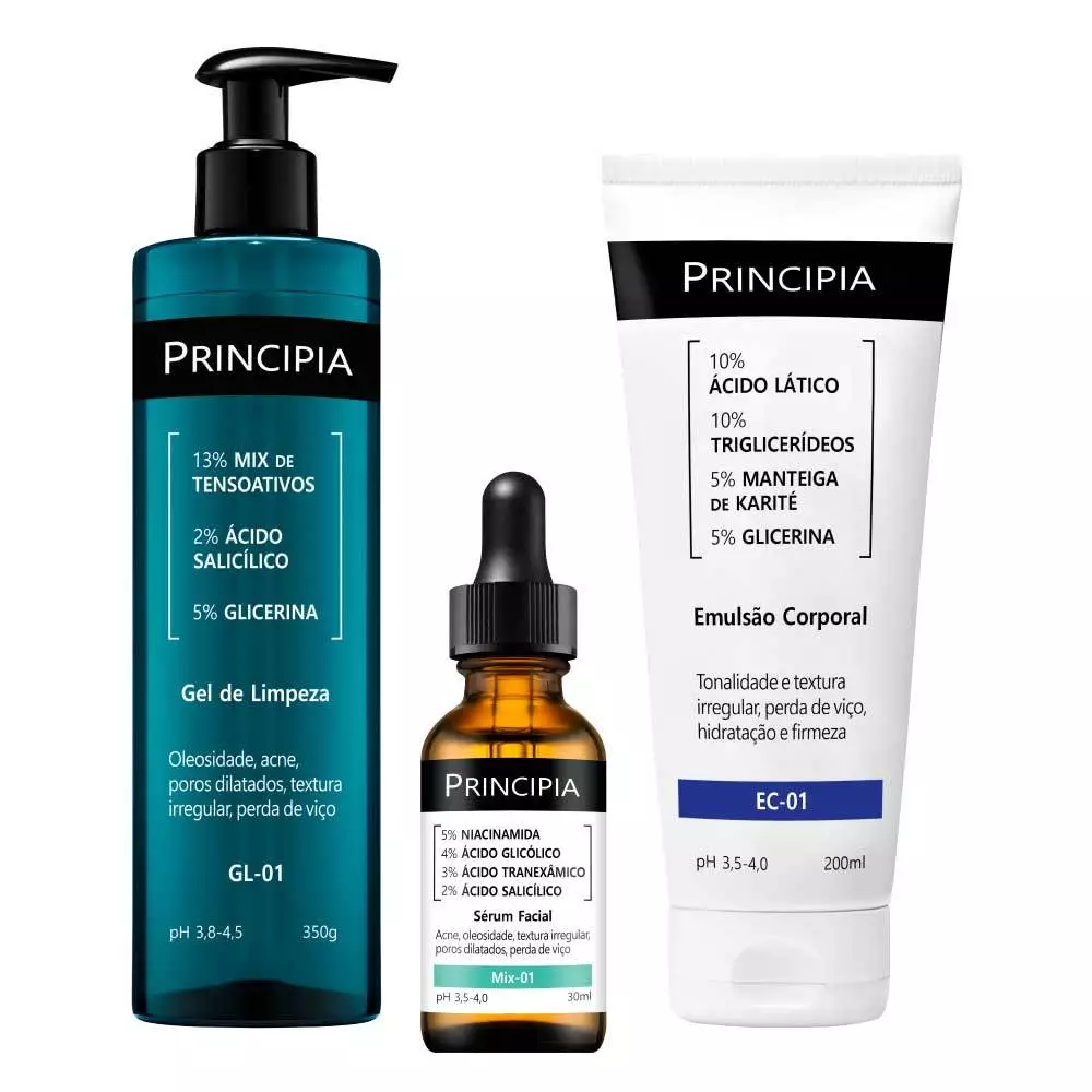 Principia Kit Anti-Acne Queratose Pilar Trio c/ Gel de Limpeza GL-01 + Sérum Mix-01 + Emulsão Corporal EC-01