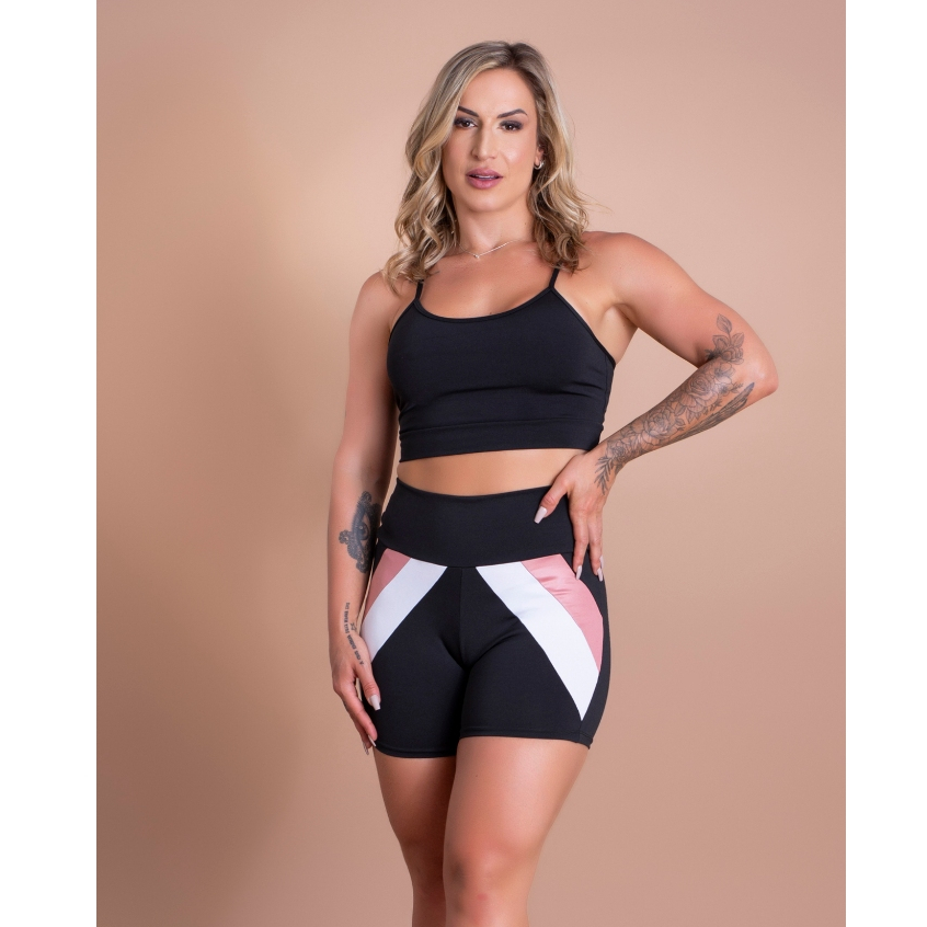 Conjunto Fitness Feminino Short Cintura Alta Detalhe Perna E Top Cropped Alcinha Liso Básico Academia Treino DRB Modas