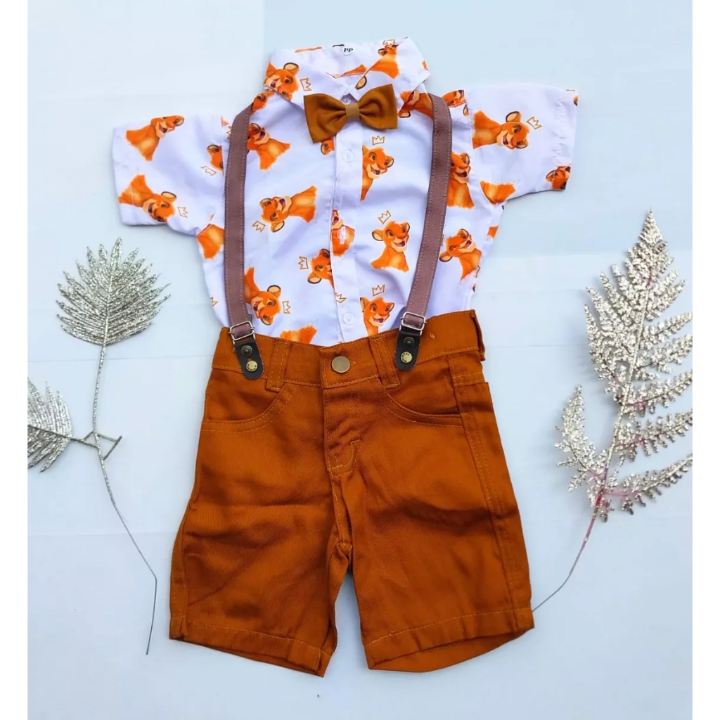 Conjunto Infantil Rei Leao Bebe Roupa Menino Suspensório