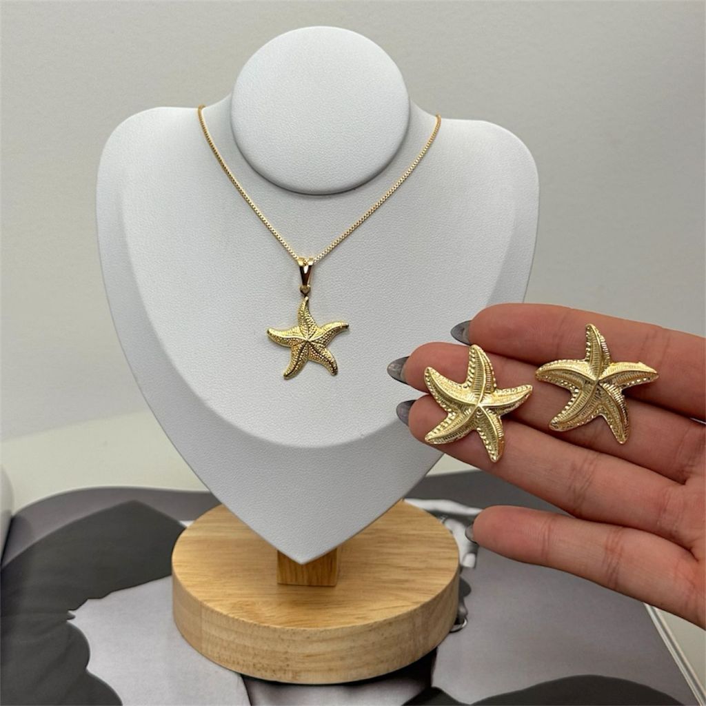 Conjunto Colar e Brinco Estrela Mar Moda Praia Banhado a Ouro em Oferta na Shopee