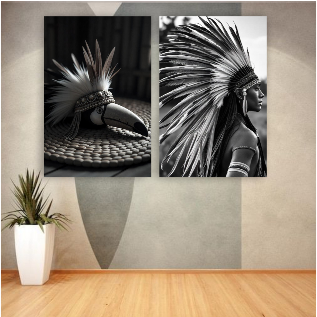 Quadro decorativo cocar indígena tribal boho preto e branco decoração para sala quarto tucano nature
