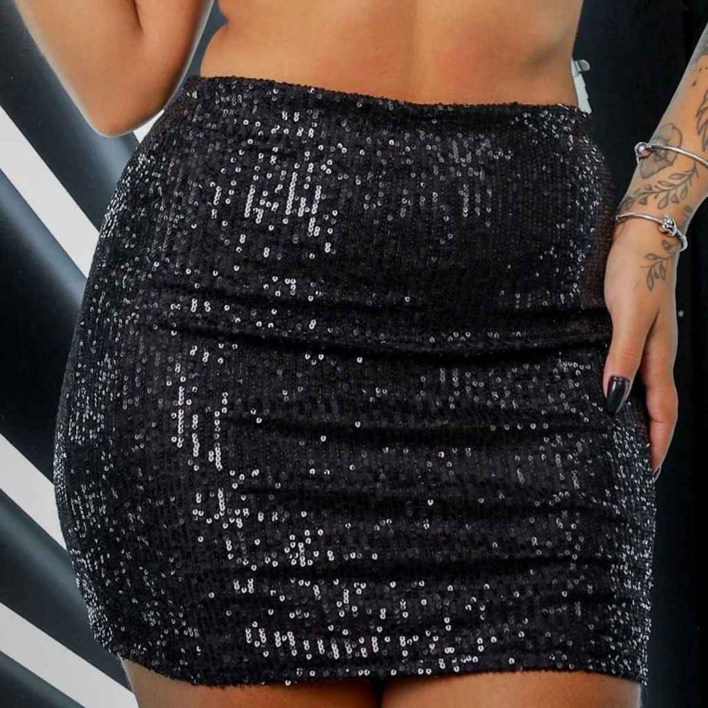 Saia Feminina Curta Paete Cintura Alta Moda Balada Blogueira Brilhante Sensual