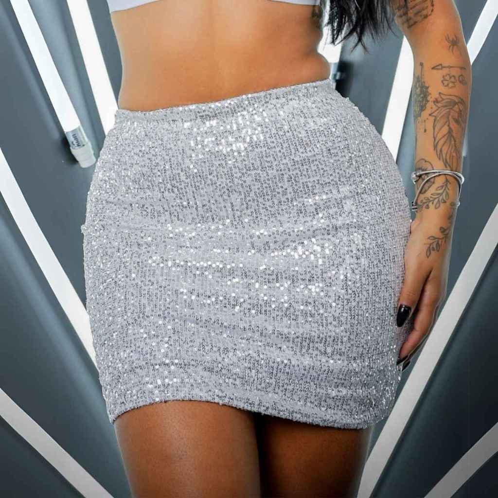Saia Feminina Curta Paete Cintura Alta Moda Balada Blogueira Brilhante Sensual