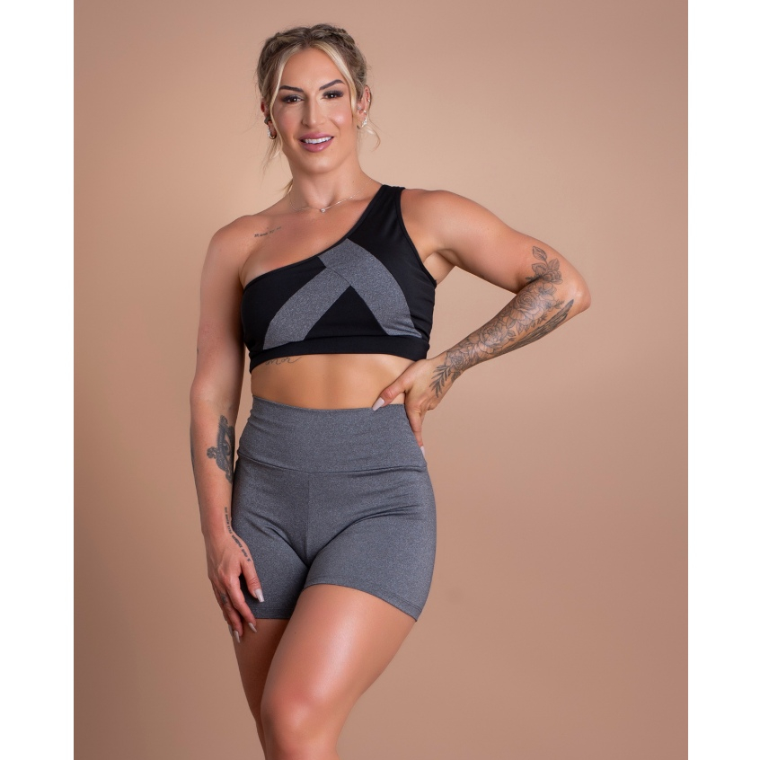 Conjunto Fitness Feminino Short Cintura Alta Liso Básico E Top Cropped Ombro Só Academia Treino DRB Modas