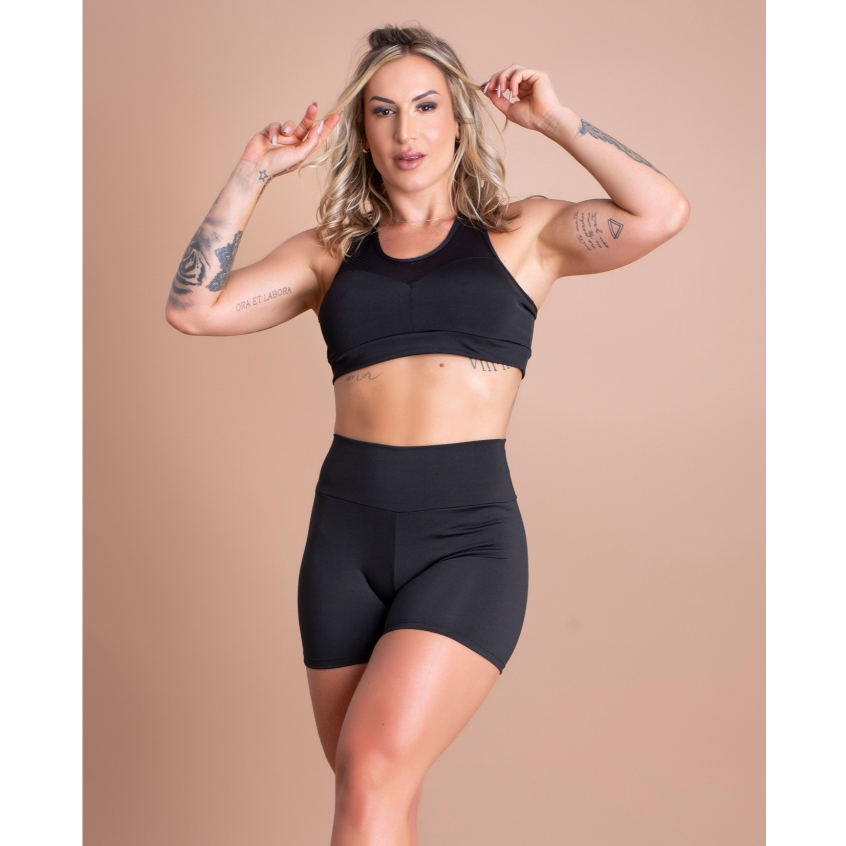 Conjunto Fitness Feminino Short Cintura Alta Liso E Top Nadador Tela Sustentação Academia Treino DRB Modas