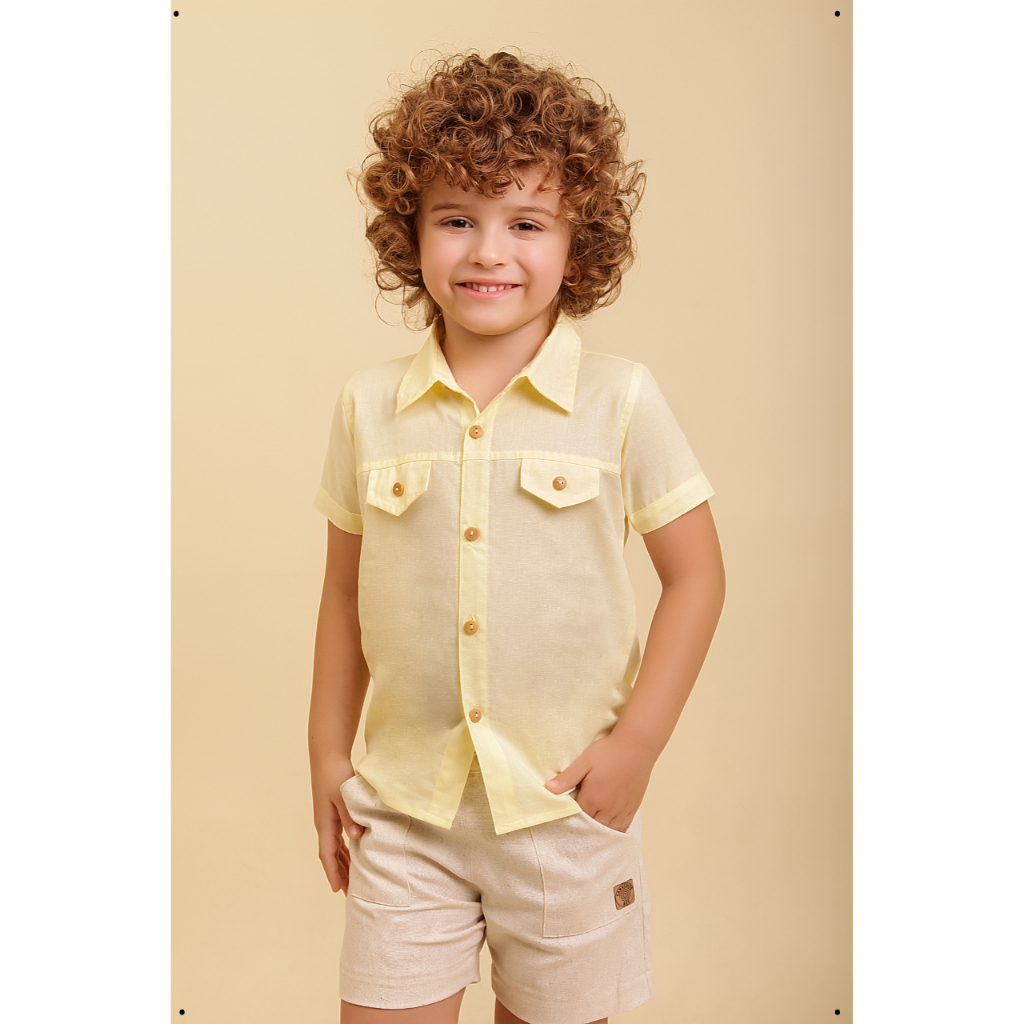 Conjunto Infantil Menino Camisa Amarela Lisa Bermuda Bege Claro Masculina Infantil Verão