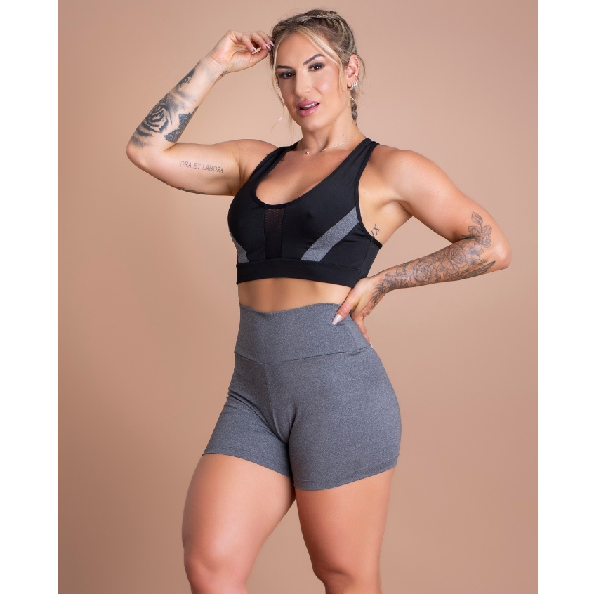 Conjunto Fitness Feminino Short Liso Básico Cintura Alta E Top Nadador Tela Frontal Academia Treino DRB Modas