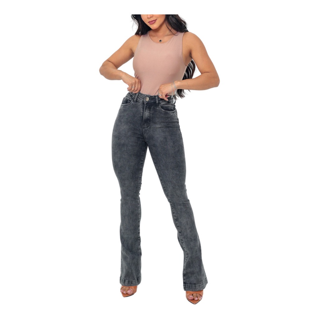 Calça Flare Jeans Feminina Boca Sino Larga Com Lycra Skinny Modeladora Cintura Alta