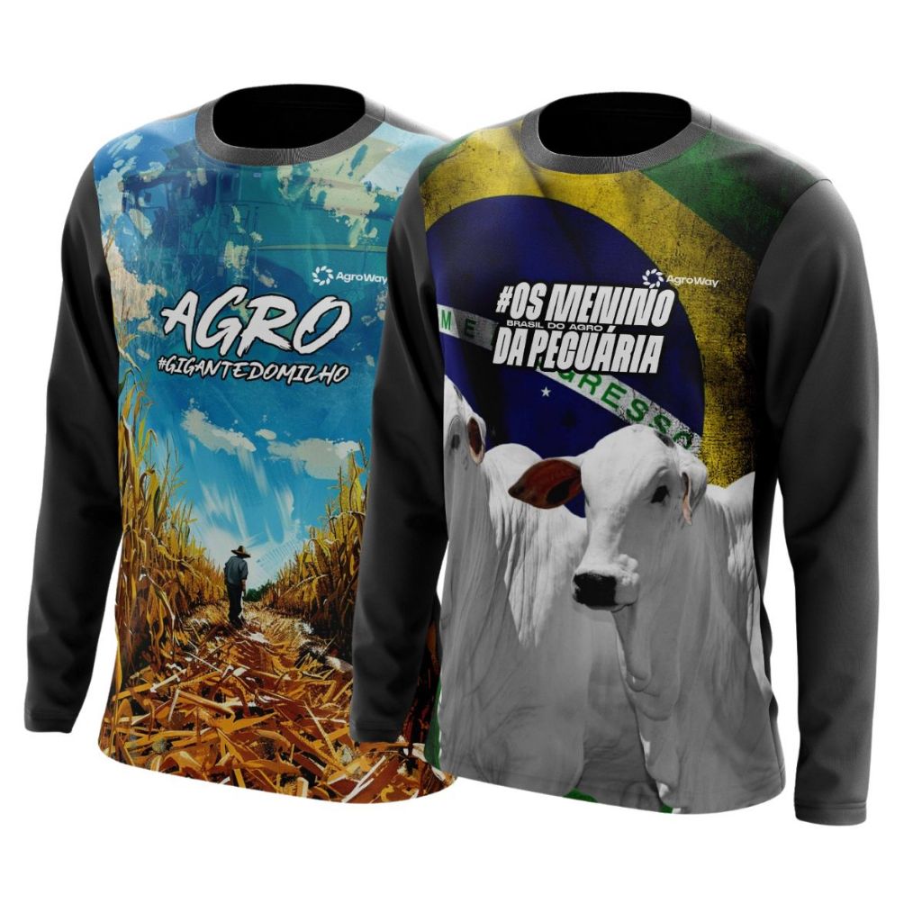 Kit 2 Camisa Camiseta Agro Boi Pecuária Brasil Agricultura Roça Plantio Blusa Manga Longa Masculina