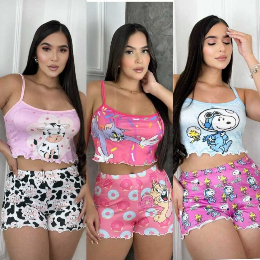 Baby doll Short doll cropped Pijama Feminino adulto moda feminina ondinha personagem, barato.