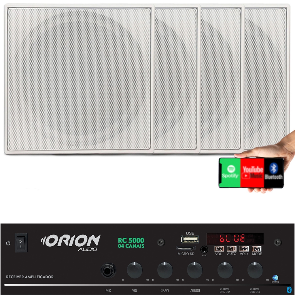 Kit Som Ambiente 300w Bluetooth + 4 Caixas P/gesso Brancas - Audio