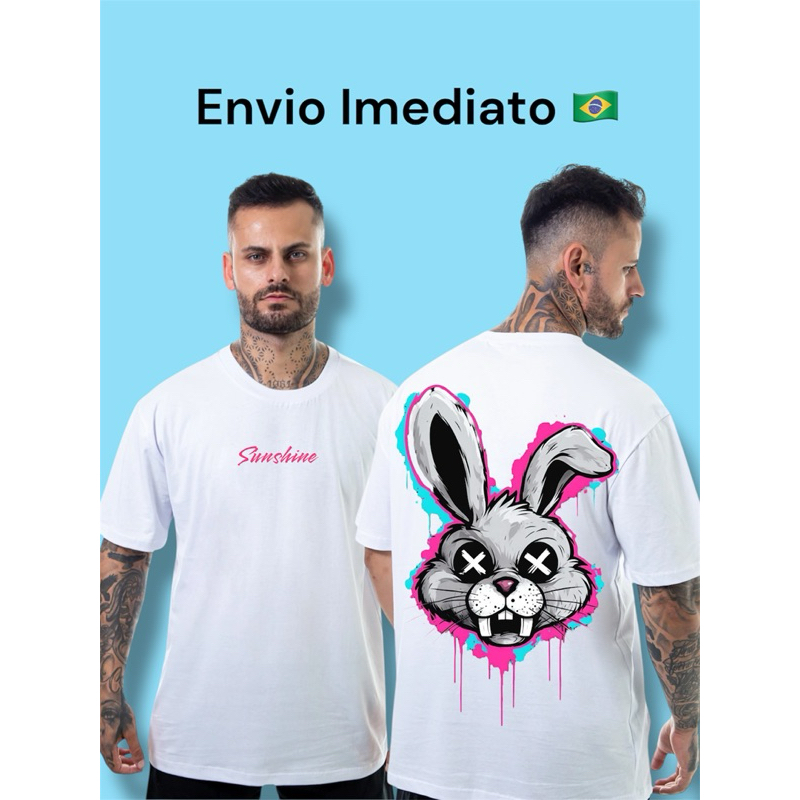Camiseta Oversized Masculino Algodão Premium Estampa Coelho Streetwear Branca Blusa Larga Machão
