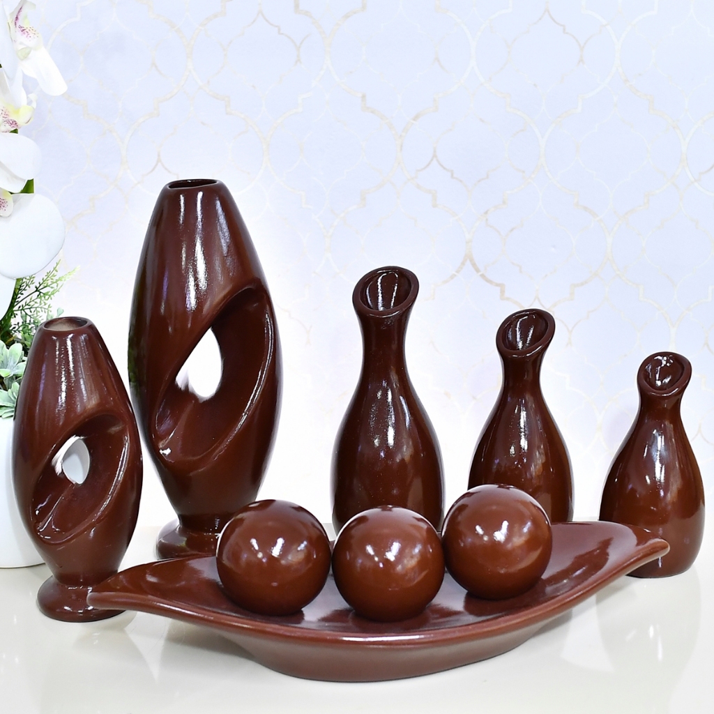 Kit 9 Peças Vasos Decorativo Casa Aparador Trio Sala Conjunto Objeto Decoração Cerâmica Enfeite Rack