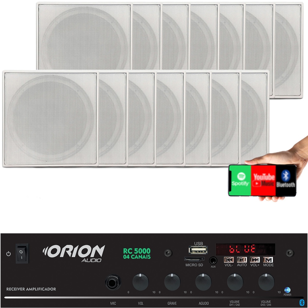Kit Som Ambiente 300w Bluetooth Fm+ 14 Caixa Quadrada Branca