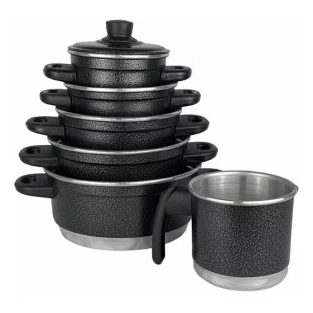 Jogo De Panela Alumínio 5 Peças Preto Craqueado + Fervedor N 12