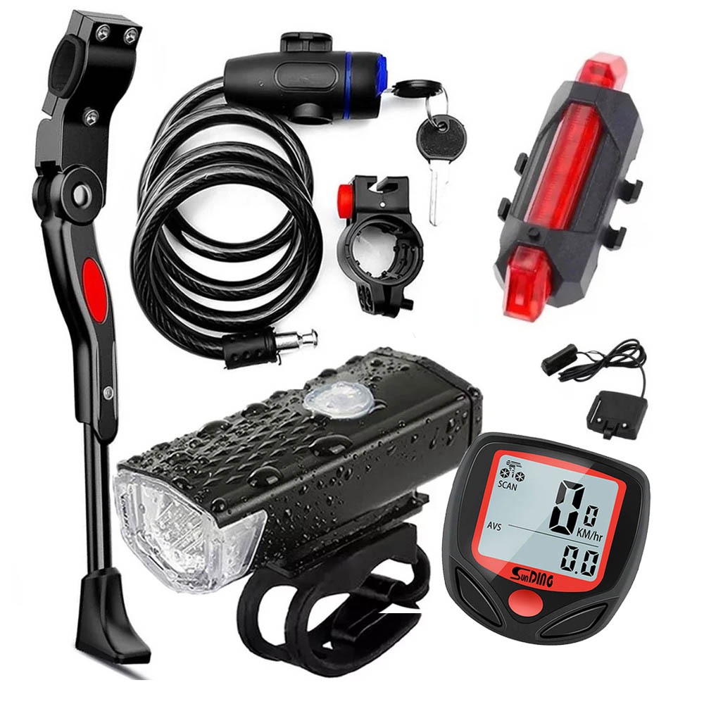 Farol Bike 300 Lumens + Sinalizador Traseiro + Pezinho Lateral + Velocímetro + Trava 1,20m De Aço em Oferta na Shopee
