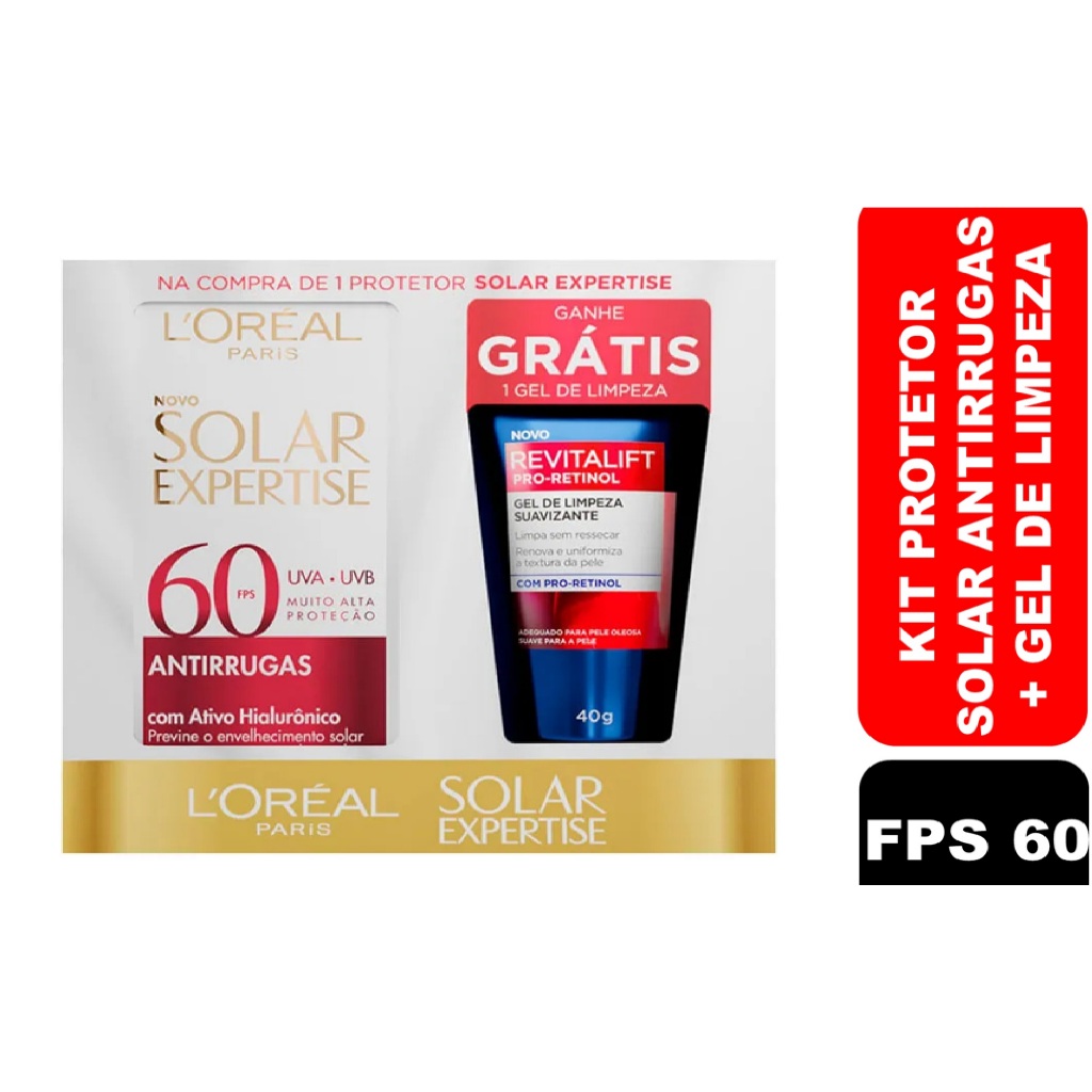 Kit L’Oréal Paris Protetor Solar Facial FPS 60 Solar Expertise 40g + Gel de Limpeza Revitalift 40g
