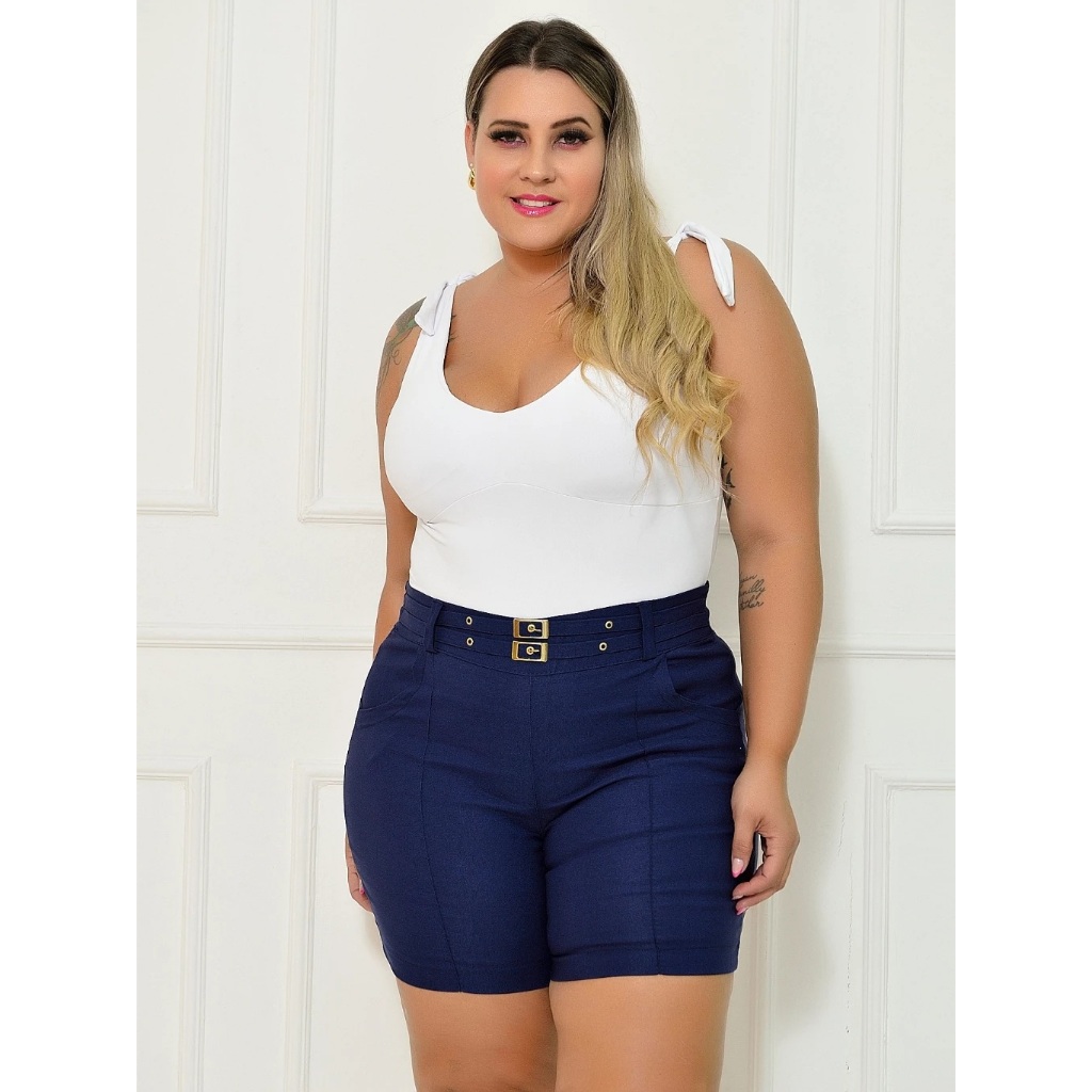 Short Plus Size Bengaline Feminina 2 Cintos Meio da Coxa Alfaiataria Tecido Bengaline