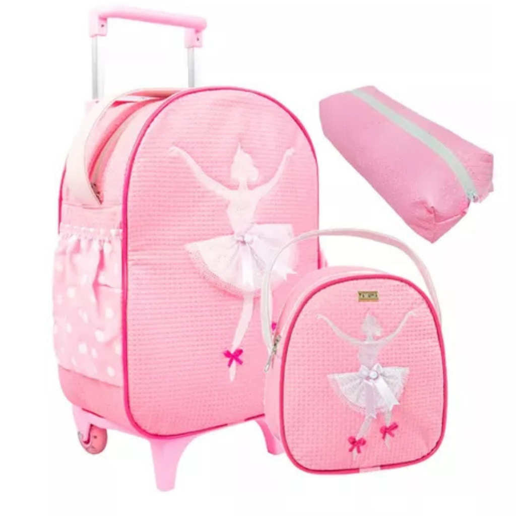 Kit Mochila De Carrinho G Infantil Escolar Menina Linda + Lancheira P