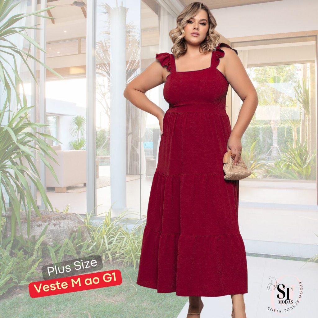Vestido Longo Feminino Plus Size 3 Maria Luxo com babada na manga e Lastex nas Costas