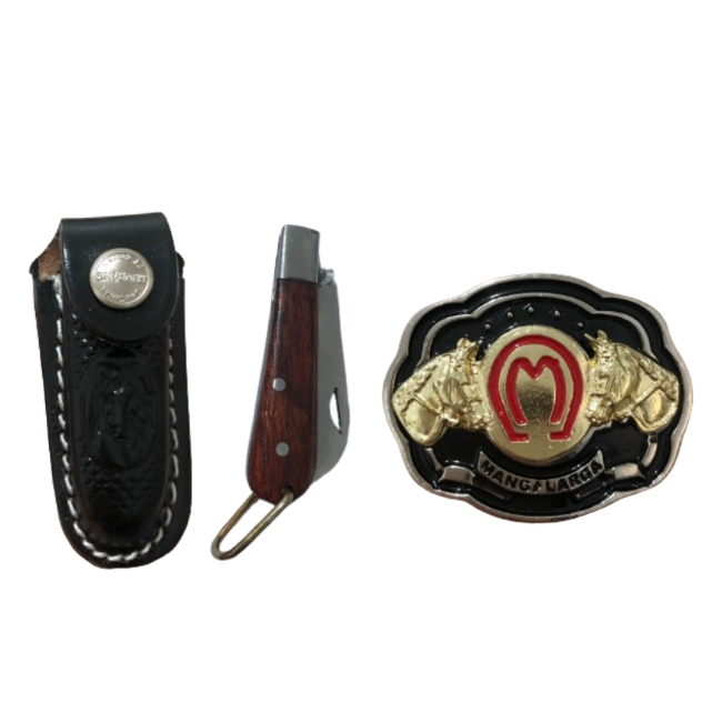 Kit fivela mangalarga + mini capa bainha de canivete + mini canivete aço carbono infantil