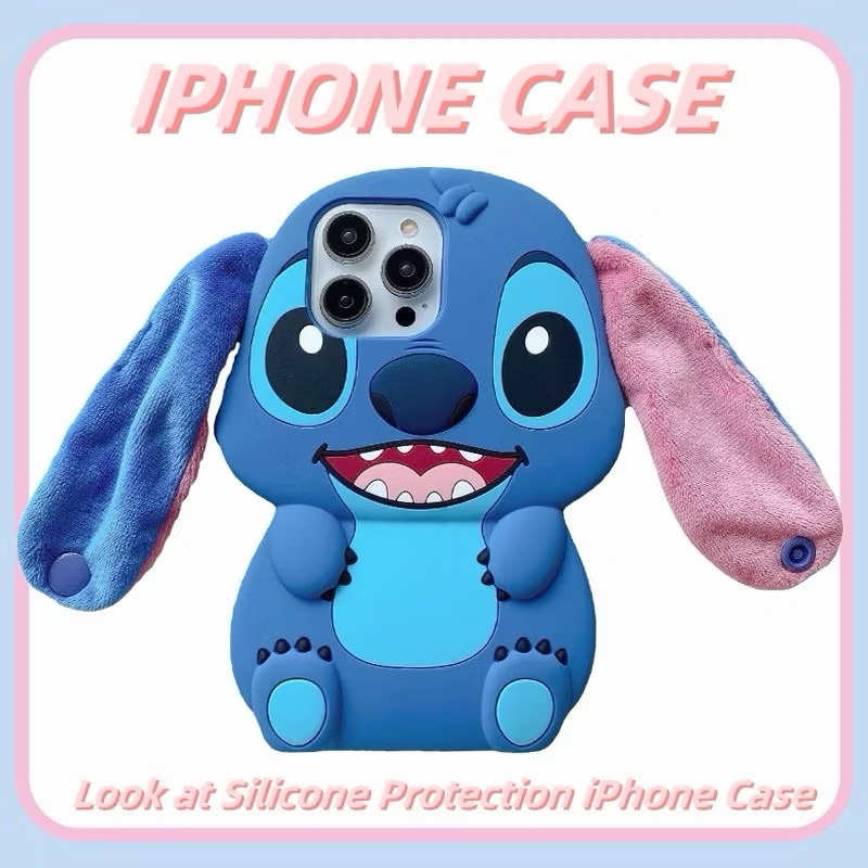 capinha lilo stitch orelha para iphone 12 Promax, 14 e 15 Plus silicone pelucia