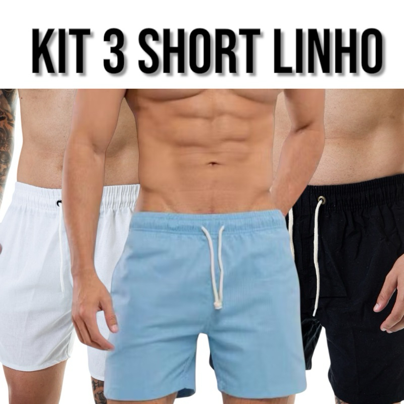 Kit 3 Short Linho Lavado Premium Moda Praia Curto Bermuda Férias Praia Mauricinho Slim Casual Varias Cores