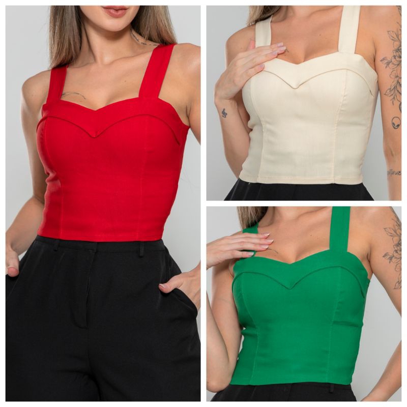 Cropeed Bengaline CRIS 40 ao 54 com bojo detalhe no decote alça larga zíper nas costas em Oferta na Shopee