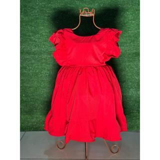 Vestido Menina Infantil Elegante Vermelho Liso Ombro Babado