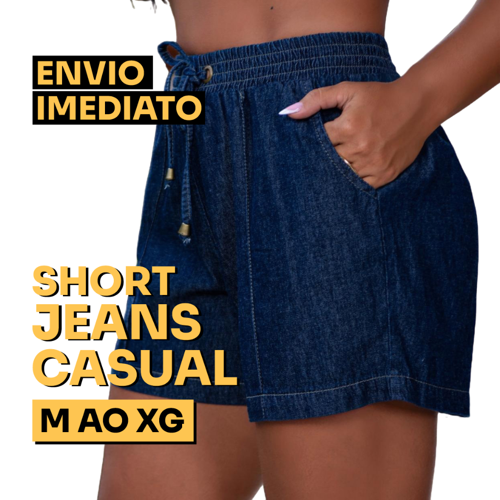 Bermuda Jeans Feminino Cintura Alta Com Elástico Confortável 100% Algodão em Oferta na Shopee