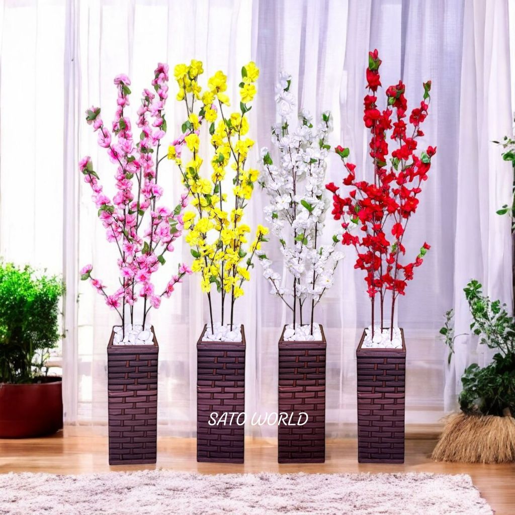 Decoração Charmosa: Jarro de Cerejeira e Pessegueira Artificial em Vaso de Fibra de Madeira COLU em Oferta na Shopee