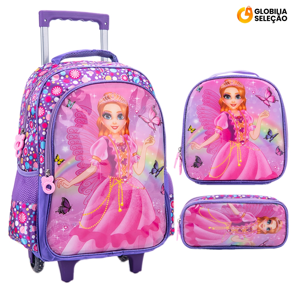 Kit Mochila Escolar Infantil de Rodinhas Menina Bolsa Resistente Impermeável Com Lancheira e Estojo BMA9319BP-KIT