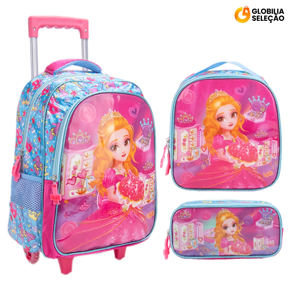 Kit Mochila Escolar Infantil de Rodinhas Menina Bolsa Resistente Impermeável Com Lancheira e Estojo BMA9312MF-KIT em Oferta na Shopee