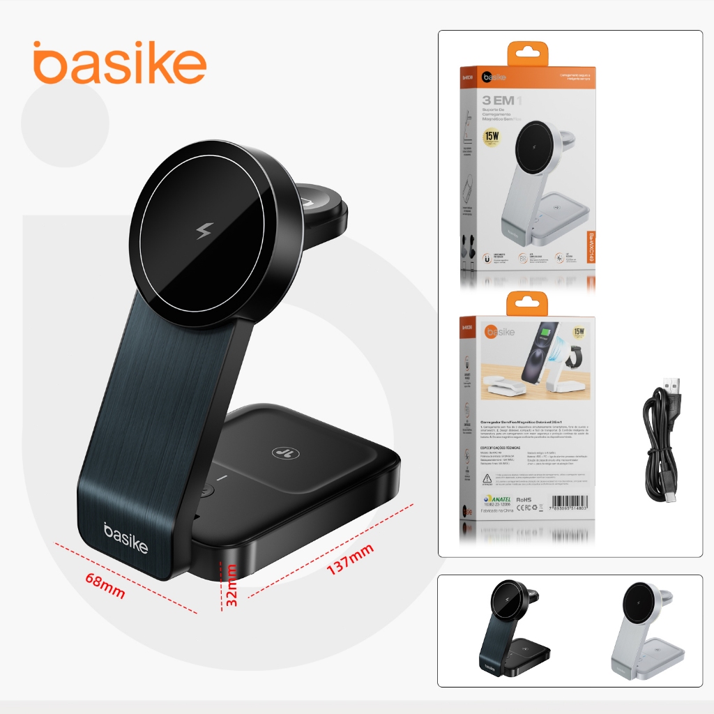 Basike Magnético Carregador Por Indução Sem Fio Wireless Carga Rápida 15w Para iPhone 3x1 ...