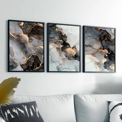 Trio Quadros Decorativos Moderno Marmore Preto Moldura 50X70 cm Escritório Sala Hall