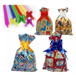 10 Sacos De Presente Embalagem Aniversário Festa 25x 36cm + 10 Laços Mágico- Sortido