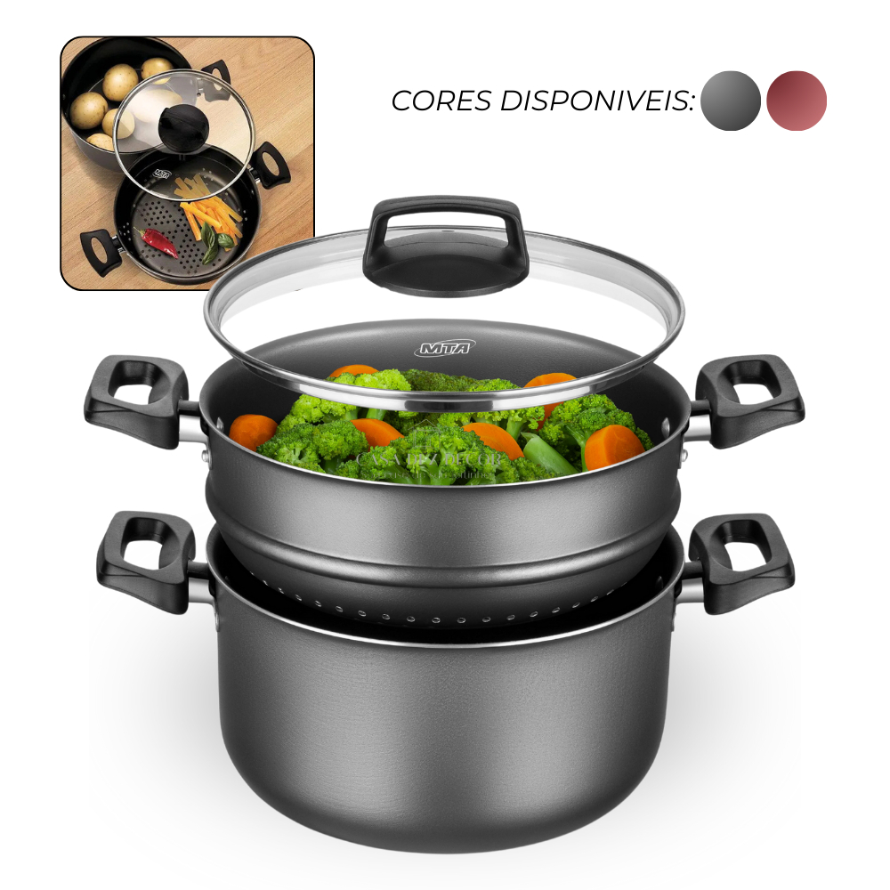 Panela 4 em 1 CoziVapor 3,2 Litros Cozimento a Vapor de Legumes Antiaderente Alça Antitérmico MTA - Home & Living