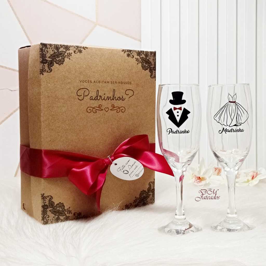 Taça de Champanhe em vidro com caixa presente convite casamento batismo padrinhos e madrinha em Oferta na Shopee