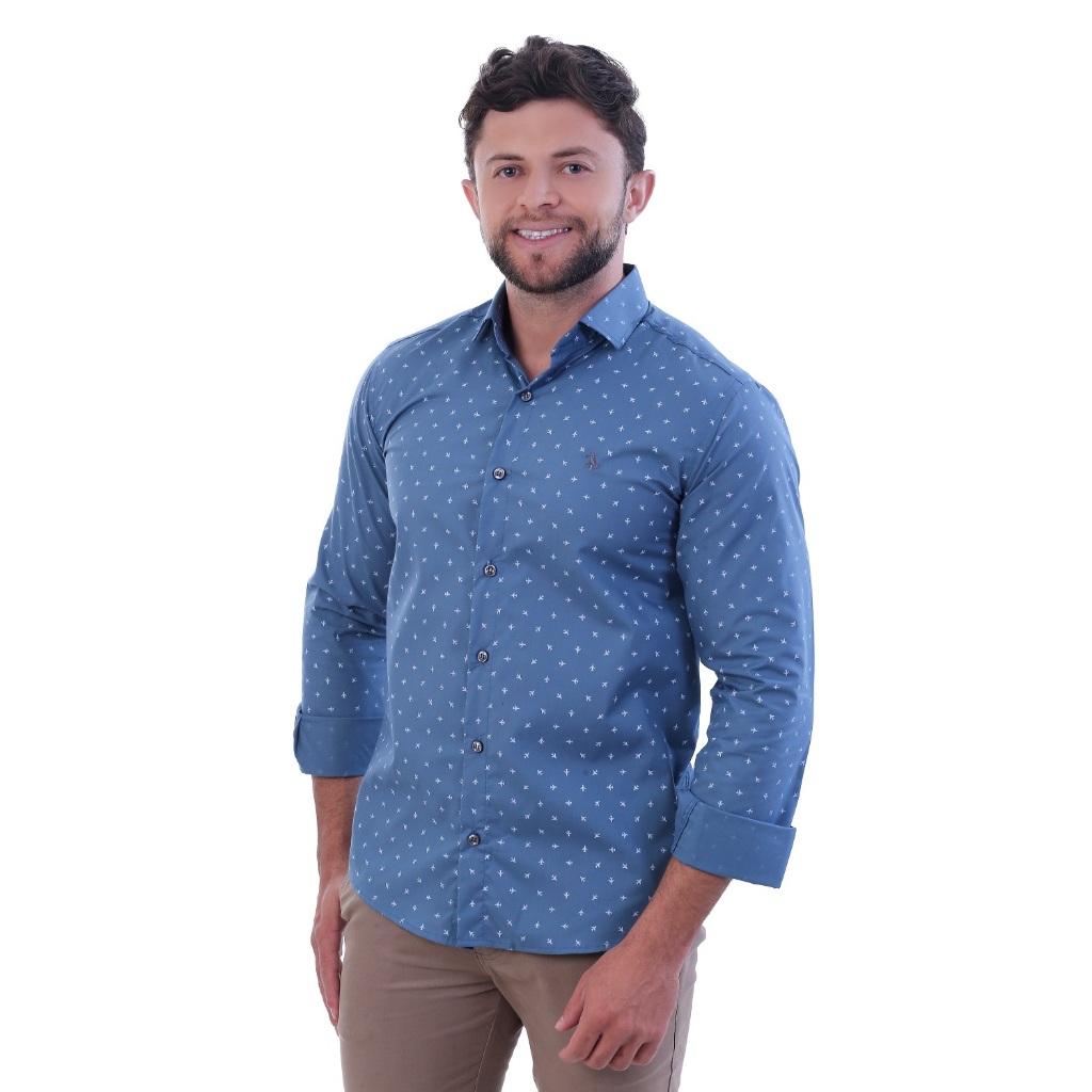 Camisa Social Masculina Comfort Manga Longa Estampada Sem Bolso