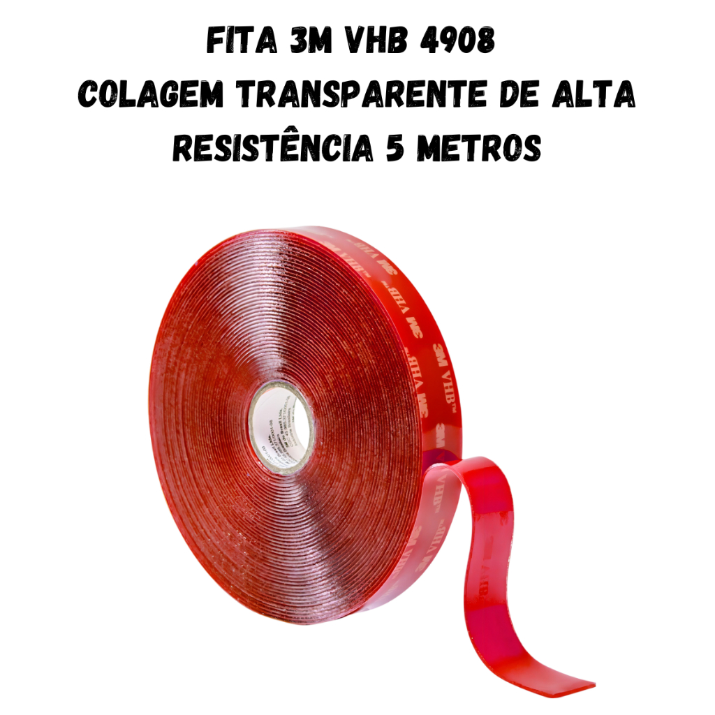 Fita Dupla Face Adesiva Acrílico 3M VHB 4908 Transparente de Alta Resistência Extra Forte Profissional 5 Metros