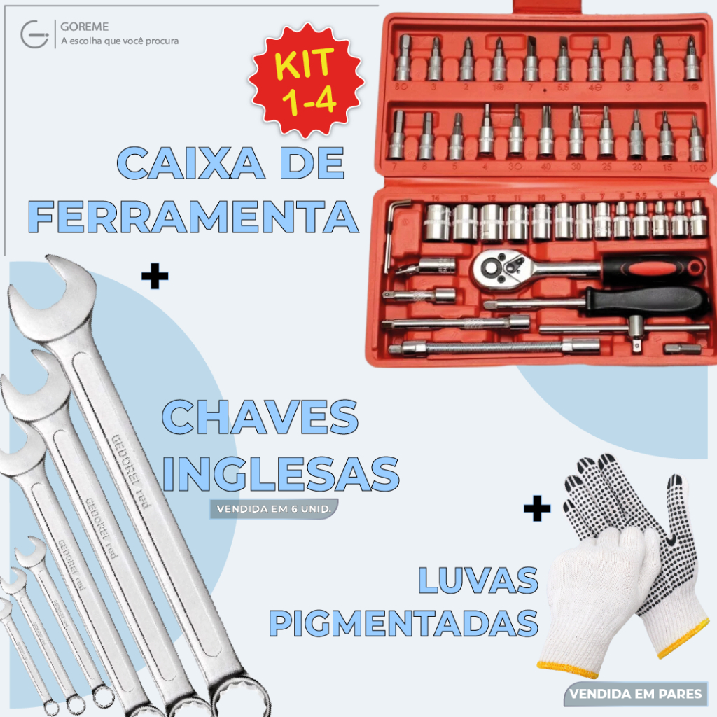 Kit de Ferramentas com maleta de 46 Peças + Chave Combinada + Luva Profissional antiderrapante em Oferta na Shopee