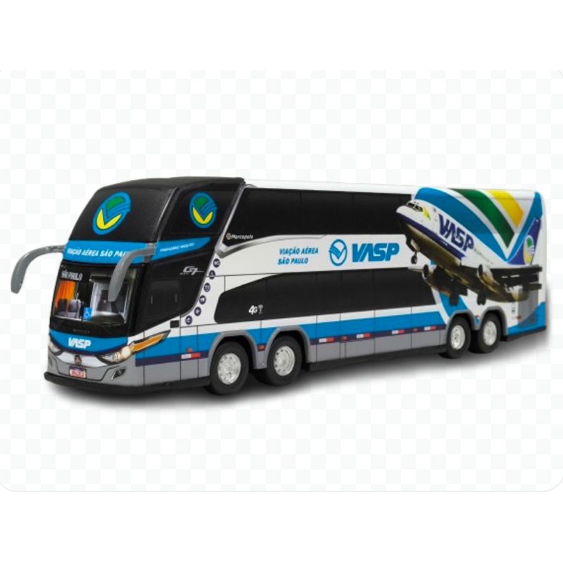 Miniatura de ônibus da antiga Vasp - Viação Aérea São Paulo, modelo Marcopolo Paradiso G7 DD colecionável 30 cm.