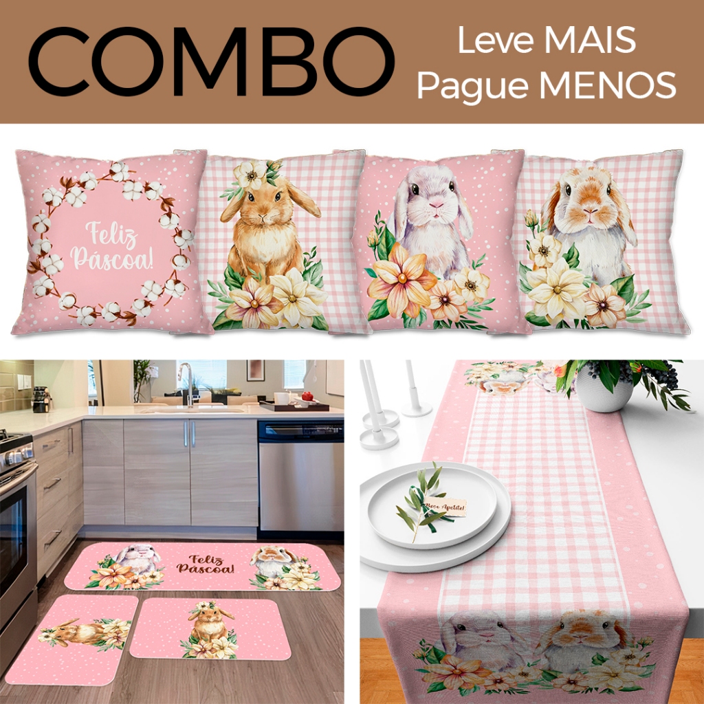 COMBO PÁSCOA: Kit com 4 Capas para Almofadas + Kit com 3 Tapetes para Cozinha + Trilho de Mesa 04 em Oferta na Shopee
