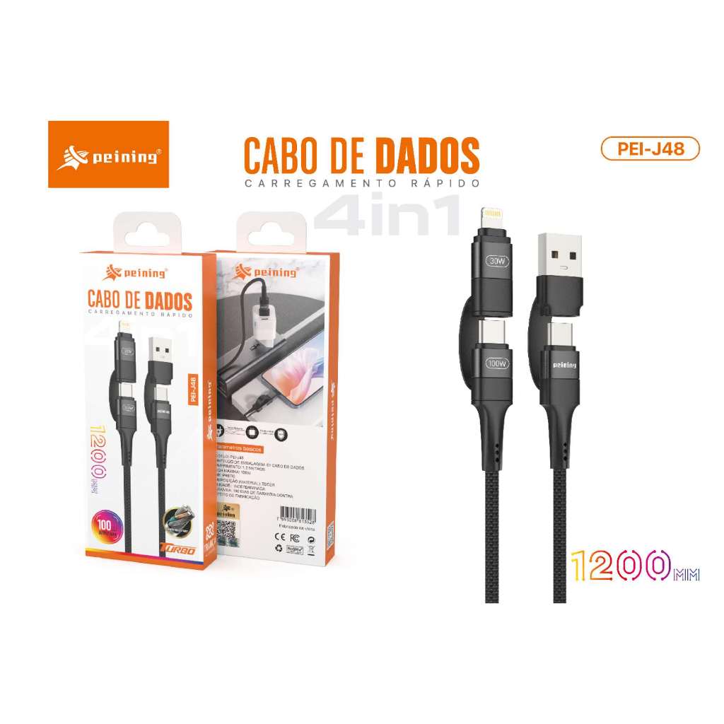 PEINING Cabo de Dados PEI-J48 Tipo C com Adaptador Lightning e USB Embutido - Mobile & Gadgets