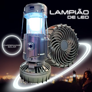 Lanterna Lampião Luminária Led com Ventilador Recarregável 3 Em 1 Com Placa Solar Acampame...