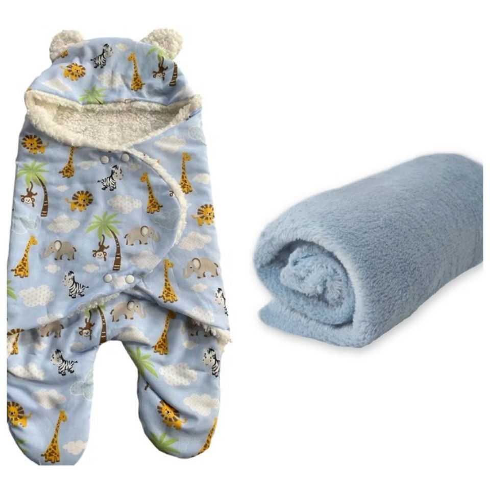 Kit Saco de Dormir Bebê Sherpa M 2 Peças com Touca e Manta Macio Quentinho Confortável